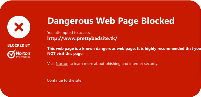 Afbeelding gevaarlijke webpagina geblokkeerd door safe web.